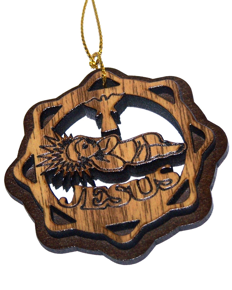 Holy Land Market Two Layers Mahogany with Olive Wood Baby Jesus in Cradle or Manger Ornament Gift Carved by Laser - Olive Wood (6.5 cm or 2.6 inch with Certificate) and Gold String