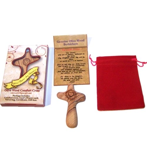 No Greater Love Olive Wood Comforting Cross Engraved with Crown of Thorns and Heart of Our Lord Package. Comes with Gift Box,Velvet Bag & Lord's Prayer Card - 2.75" Cross
