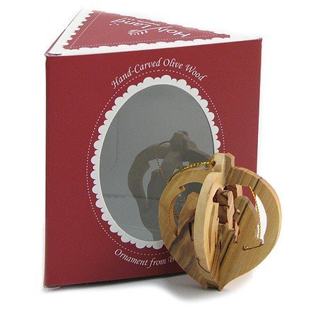 Olive Wood Nativity Ornament Heart Shaped with Gift Box