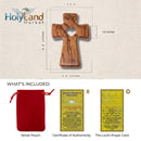 Wooden Pocket Cross - Bethlehem Olive Wood - 3-in-1 Design: Standing, Hanging, or Holding - Hand-Carved Heart Silhouette - Includes Velvet Pouch, Prayer Card, & Certificate (4.2 Inches)