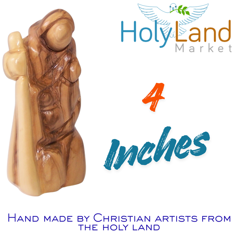 Holy Land Market Hand-Carved Olive Wood Holy Family Statue – Holy Family Nativity Scene from Bethlehem – 4” Christmas Decor for Home or Church with Nativity Story Booklet, Certificate & Prayer Card
