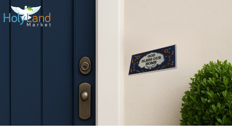 Holy Land Market God Bless Our Home Painted Tile from Jerusalem - 6x3 Inches - Asfour Outlet Trademark