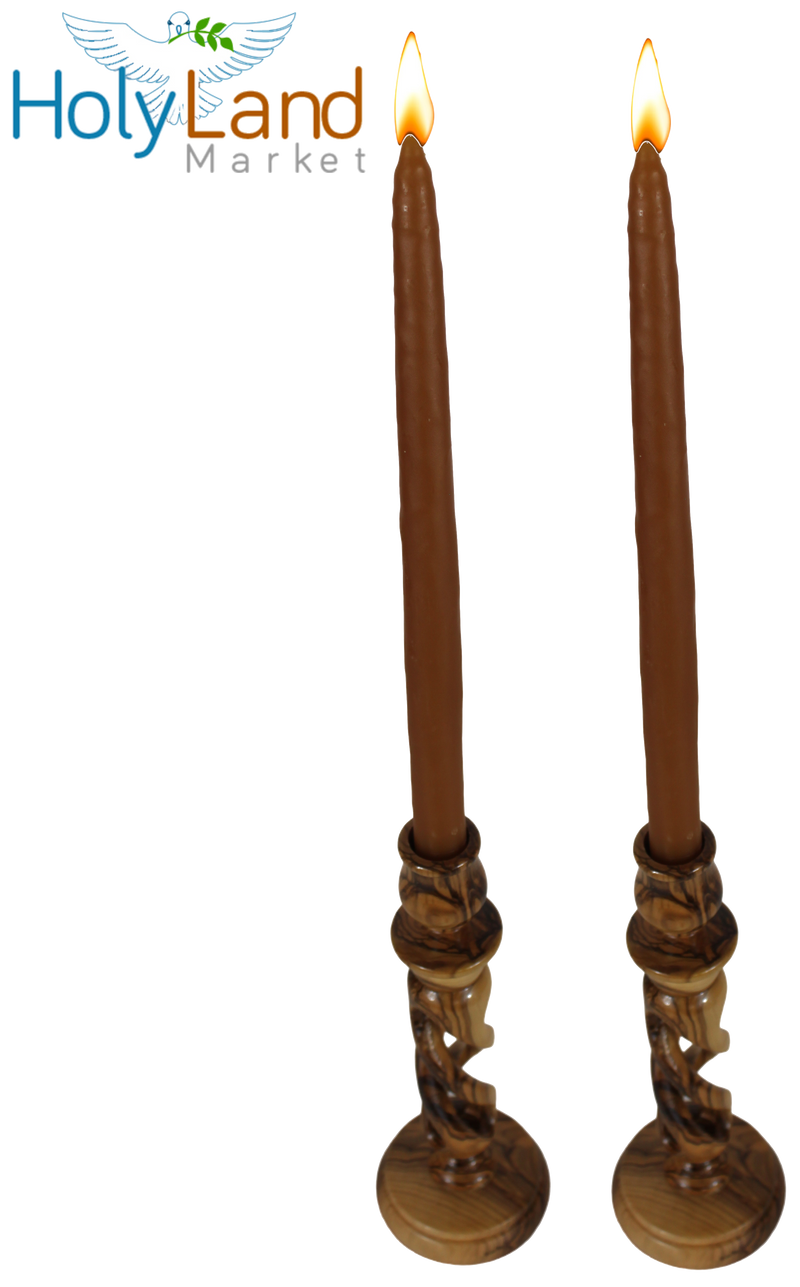 Holy Land Market Olive Wood Candle Holder Pair - Handmade 9 Inch Taper Candle Sticks, Inspirational Hollow Twist Design, 0.75 Inch Cup Diameter, Crafted by Christian Artisans in Bethlehem