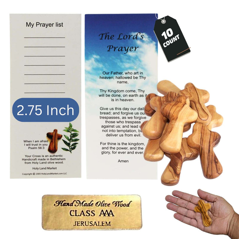 Ten olive wood holding crosses beside prayer and certificate cards