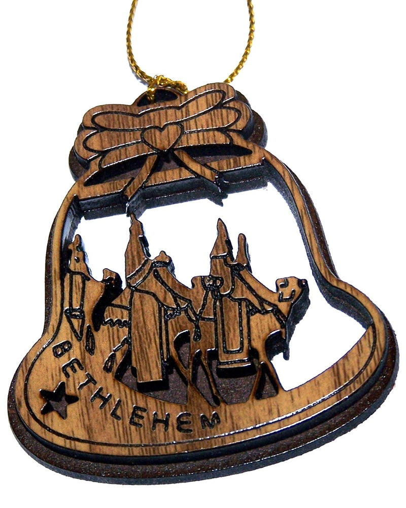 Holy Land Market Two Layers Mahogany with Olive Wood Magi Ornament Gift Carved by Laser - Olive Wood - Bell Shape (6.5 cm or 2.6 inch with Certificate) and Gold String