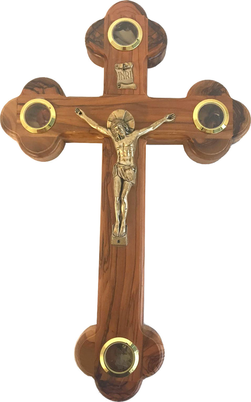 Olive Wood Cross - Byzantine or Orthodox style with Holy Land Samples