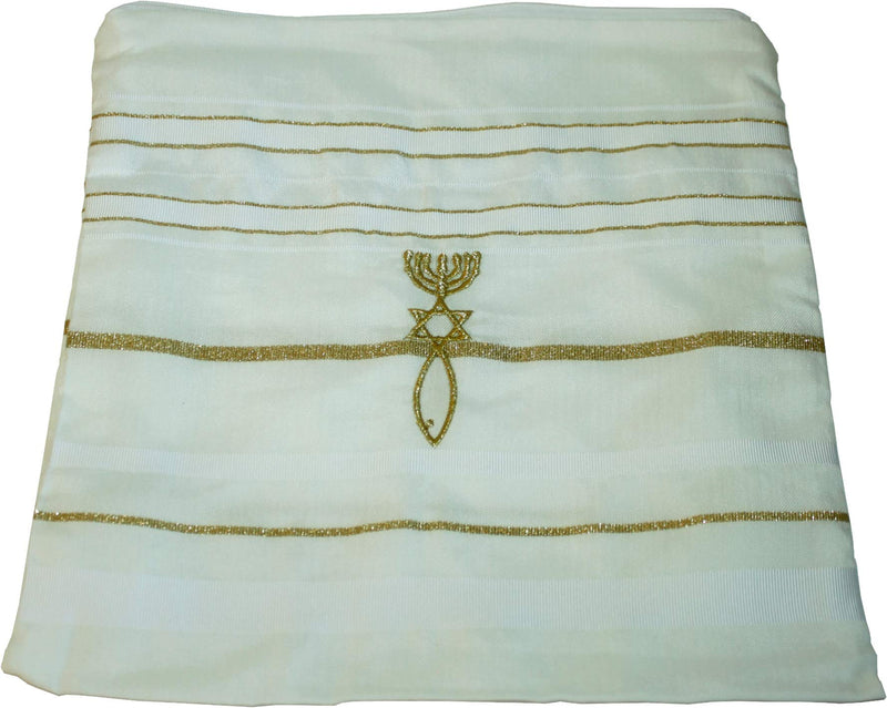 Holy Land Market Mens Messianic Shawl/Tallit - The Messiah Tallit (All White/Gold, 72x36 Inches)