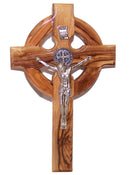 Holy Land Market 6" Celtic Olive Wood Wall Crucifix – Handmade in Bethlehem with Metal Saint Benedict Medal (Front & Back), Certificate, Prayer Card & Medal Explanation – Solid Olive Wood Cross