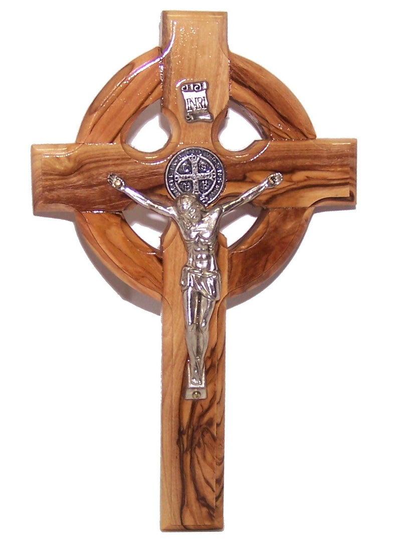 Holy Land Market 6" Celtic Olive Wood Wall Crucifix – Handmade in Bethlehem with Metal Saint Benedict Medal (Front & Back), Certificate, Prayer Card & Medal Explanation – Solid Olive Wood Cross
