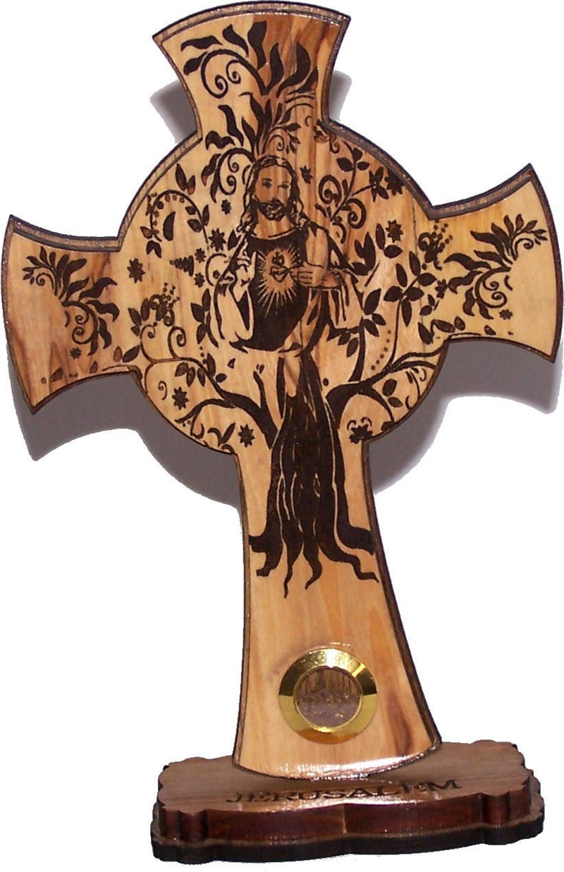 Holy Land Market Sacred Heart of Jesus with Jerusalem Sample Layered Olive Wood Cross Carved by Laser - Standing (12 cm or 5 inches) Small/Certificate