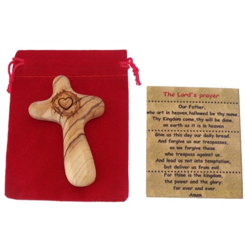 No Greater Love Olive Wood Comforting Cross Engraved with Crown of Thorns and Heart of Our Lord Package. Comes with Gift Box,Velvet Bag & Lord's Prayer Card - 3" Cross