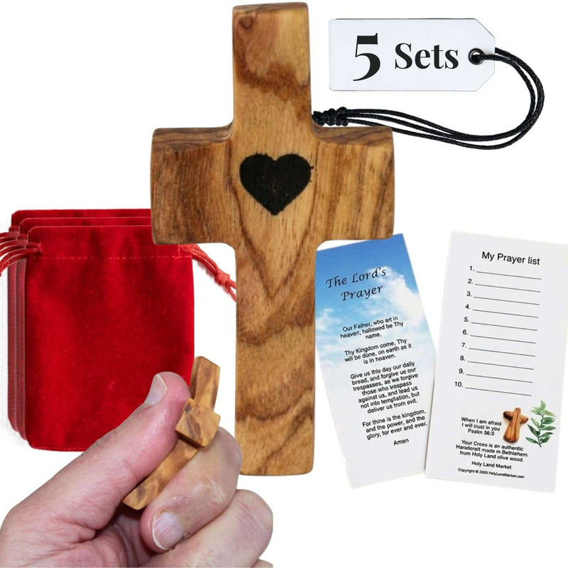Set of 5 Olive Wood pocket worry crosses from Bethlehem with certificate and velvet pouch