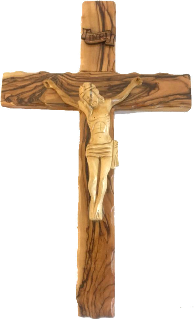 Holy Land Market Large Olive Wood Cross with Crucifix - All from Olive Wood from Bethlehem (14 inches or 35 cm)