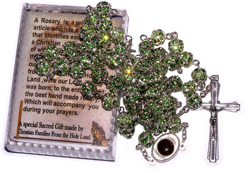 Multi Faceted Crystals Rosary - 8mm Crystal Rosary with Silver Tone Alpaka chain, Holy Land Soil and special Crucifix (Green)