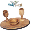 Holy Land Market Olive Wood Communion Cups & Plate Set Kiddush & Holding Tray - Communion Set Hand-Carved in Bethlehem – for Church Worship, Pastors & Ministries (Round Bowl + 2 Large Goblets + Tray)