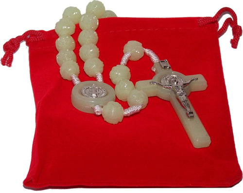Light in the Dark Phosphorous luminous Saint Benedict Rosary / necklace with Velvet bag