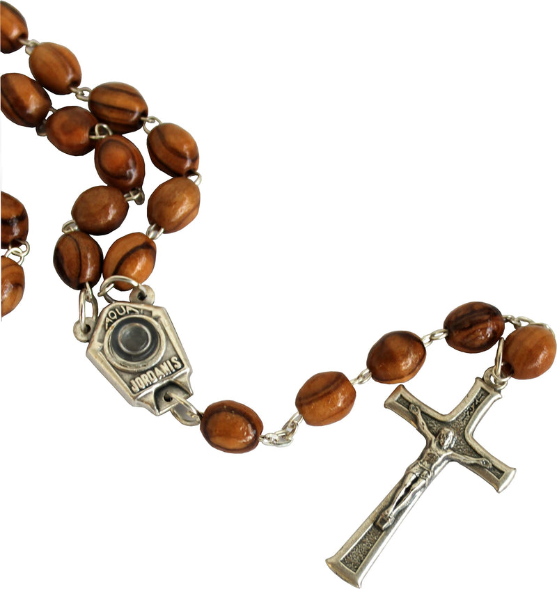 Holy Land Market Olive Wood Hand Made Rosary with Jordan River Water Center and Metal Crucifix