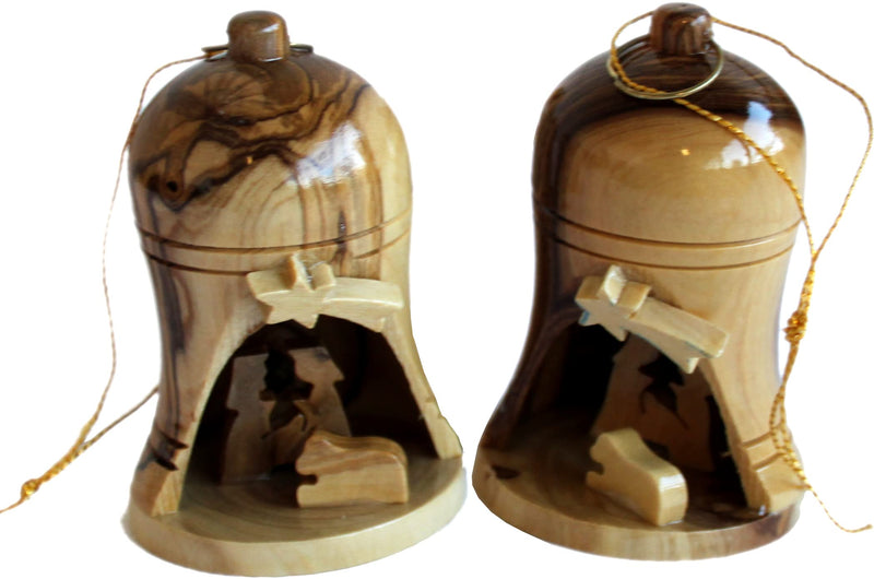 Holy Land Market A Pair of Olive Wood Ornaments - Large Bells - Christmas Tree Ornaments from The Holy Land ( 2.75 Inches Each)