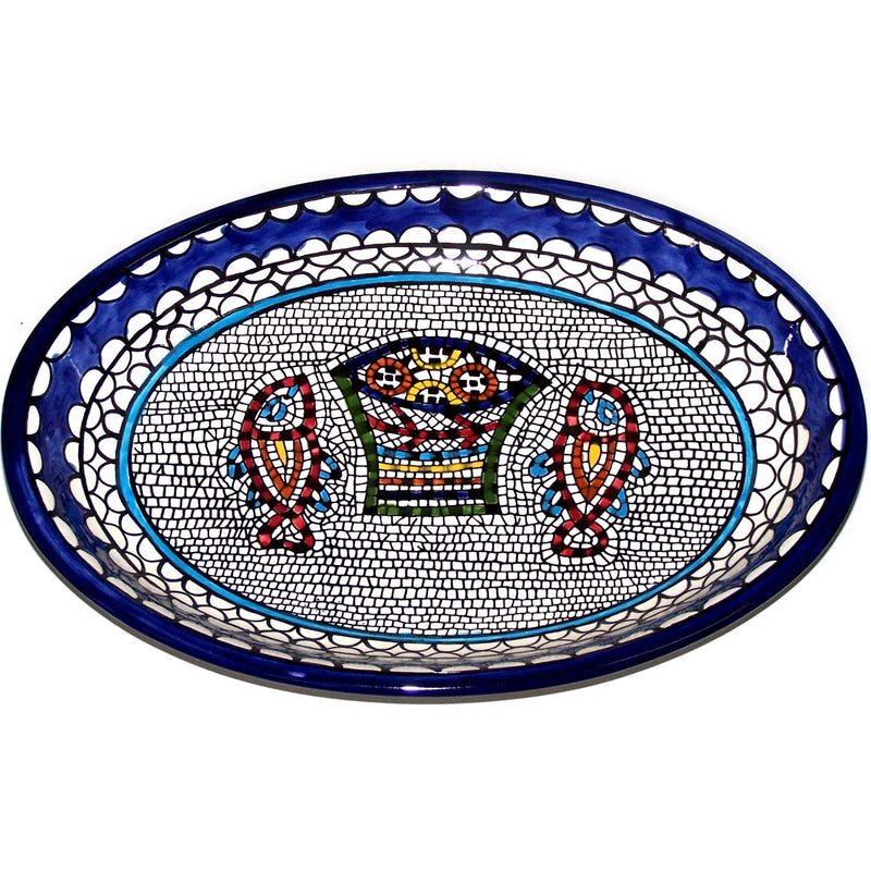 Armenian Hand Painted Fish and Bread Miracle Serving Oval Ceramic Bowl - Extra Large (15.5 Inch Long by 10.5 Inches Wide by 1.5 Inches deep) - Asfour Outlet Trademark