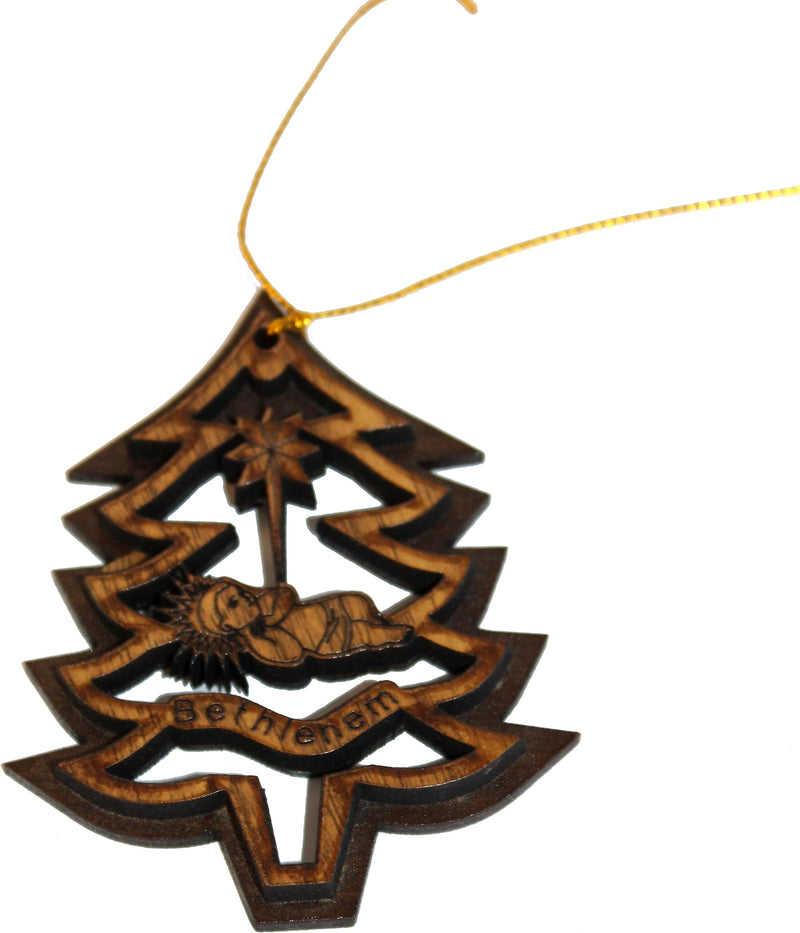 Adorno regalo de árbol de Navidad de dos capas de caoba con madera de olivo y el Niño Jesús en la cuna o pesebre tallado por láser - Madera de olivo (7.5 cm o 3 pulgadas con certificado) y cuerda dorada