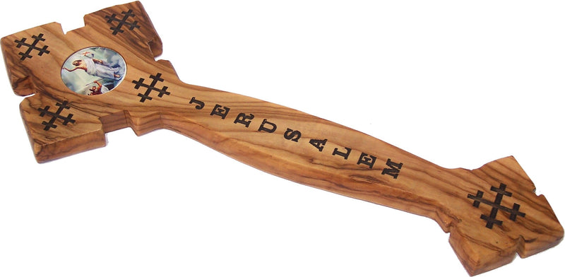 Holy Land Market Blessing Hand or Priest Hand Carved Olive Wood Eastern Cross with Two Icons Model I - 9 Inches
