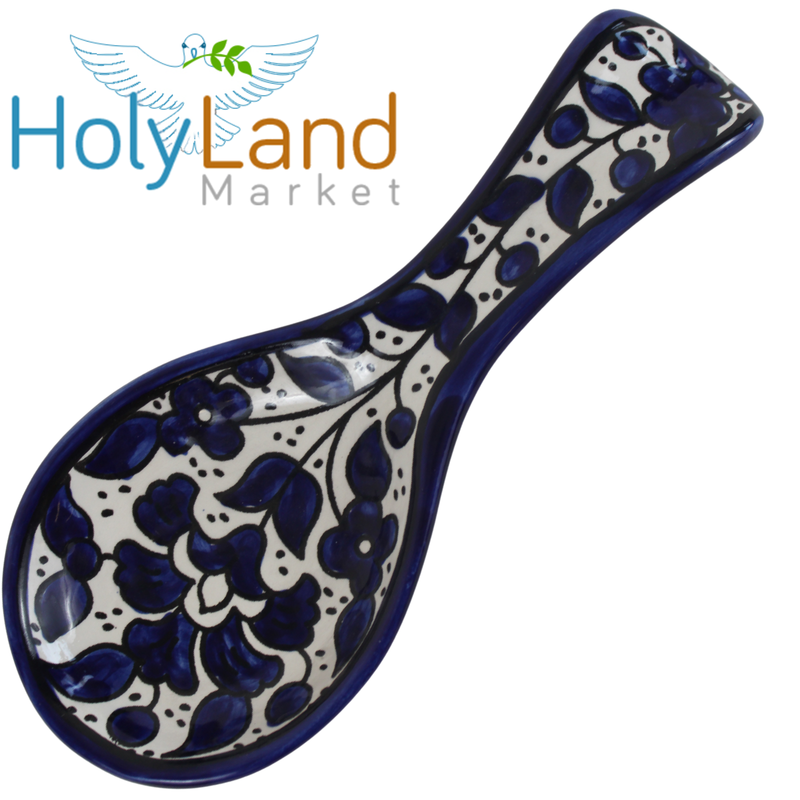 Armenian hand painted cooking Spoon Rest/Ladle Holder - Large with deep Round Cup part - Asfour Outlet Trademark