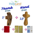 Holy Land Market Hand Carved Olive Wood Comfort Set – Made by Christian Artisans in Bethlehem – 2” Thumb & 2.5” Holding Crosses with Velvet Bag, Certificates & Prayer Cards – Authentic Holy Land Faith Gift