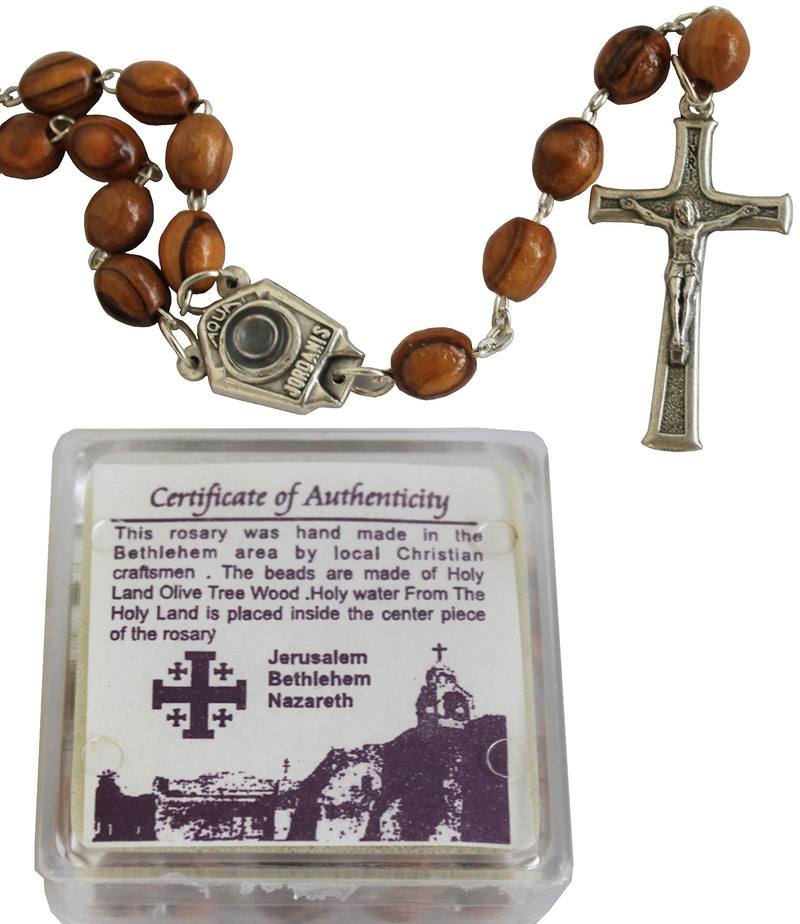 Holy Land Market Olive Wood Hand Made Rosary with Jordan River Water Center and Metal Crucifix