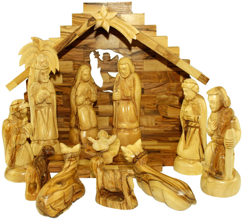 Holy Land Market Olive Wood Nativity Set with Stable. Exquisite (14 Pieces Set)