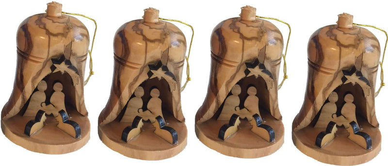 Holy Land Market Four Large Hand Made Olive Wood Ornaments - Tree Hanging Bells - Christmas Tree Ornaments from The Holy Land - Many Sizes