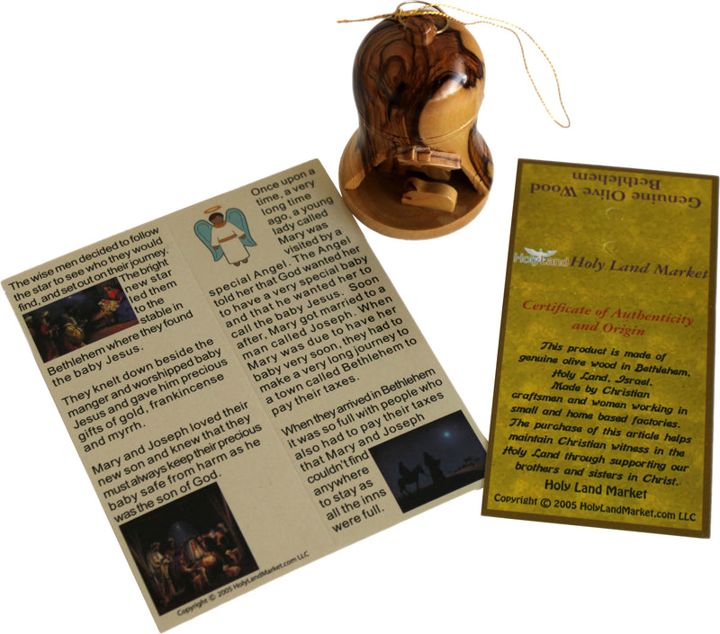 Holy Land Market Wood Ornaments - 3D Nativity Scene bell ornaments  (2.75" each).