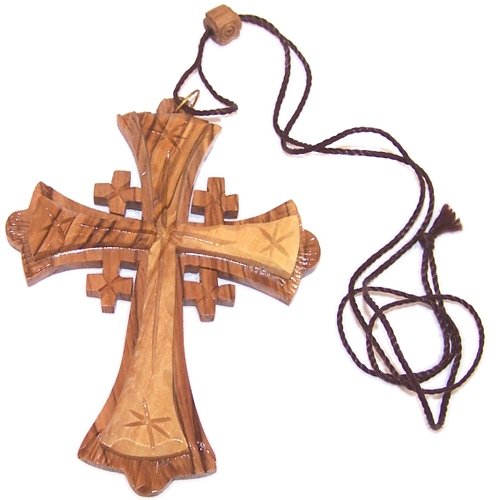 Large Grade A olive wood Jerusalem Cross necklace (4 inches - Cord can be adjusted)
