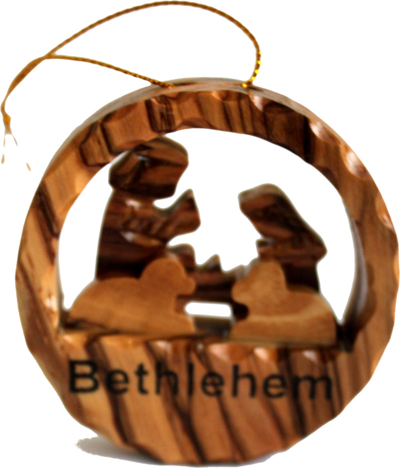 Holy Land Market Hand Carved Thick Olive Wood Tree Ornament Gift - with Certificate and Gold String ( 2.5 Inches in Diameter )