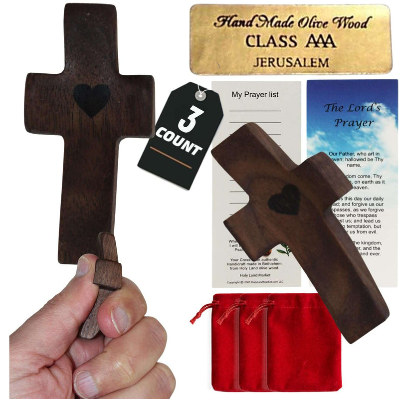 Set of 3 Walnut pocket worry crosses from Bethlehem with certificate and velvet pouch