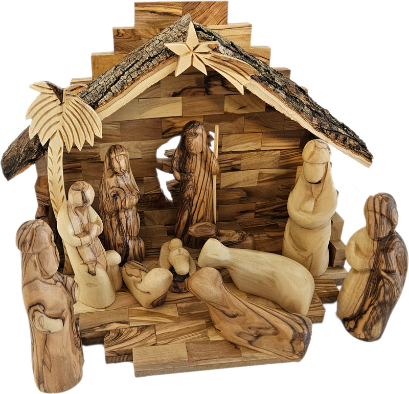 Holy Land Market Traditional Olive Wood Nativity Set - Antique Style Bethlehem Stable, 12 Handmade Pieces - Christmas Decorations Indoor for Christmas Christians, Table Decor with Booklet