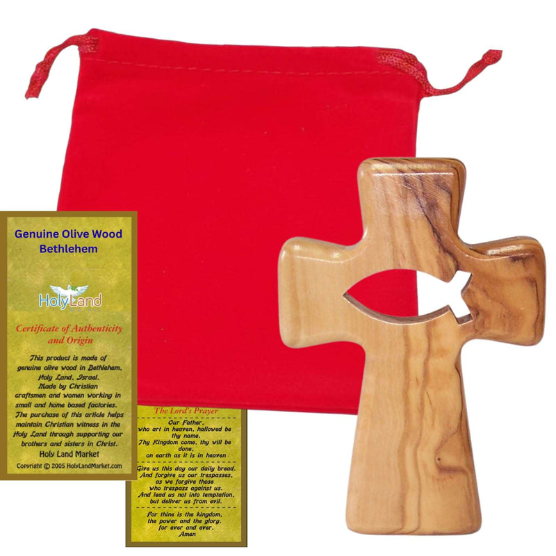 Wooden Pocket Cross - Bethlehem Olive Wood - 3-in-1 Design: Standing, Hanging, or Holding - Hand-Carved Silhouette - Includes Velvet Pouch, Prayer Card, & Certificate ( 4.2 Inches )