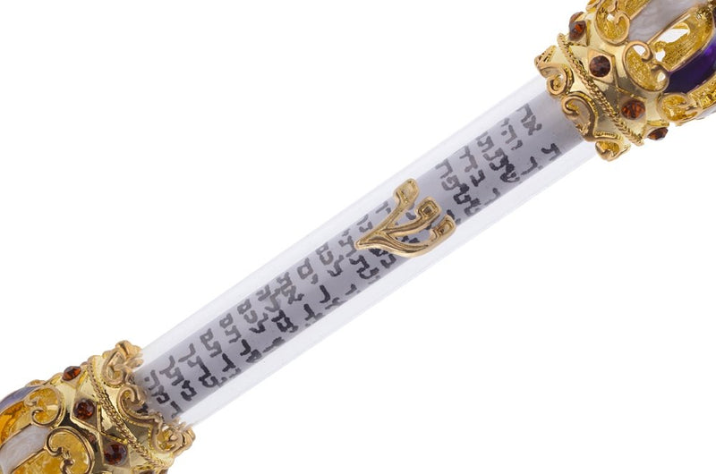 Gold Plated Mezuzah and Scroll - Large with Enameled Stones as Shown - with Scroll - (5.75 inches)