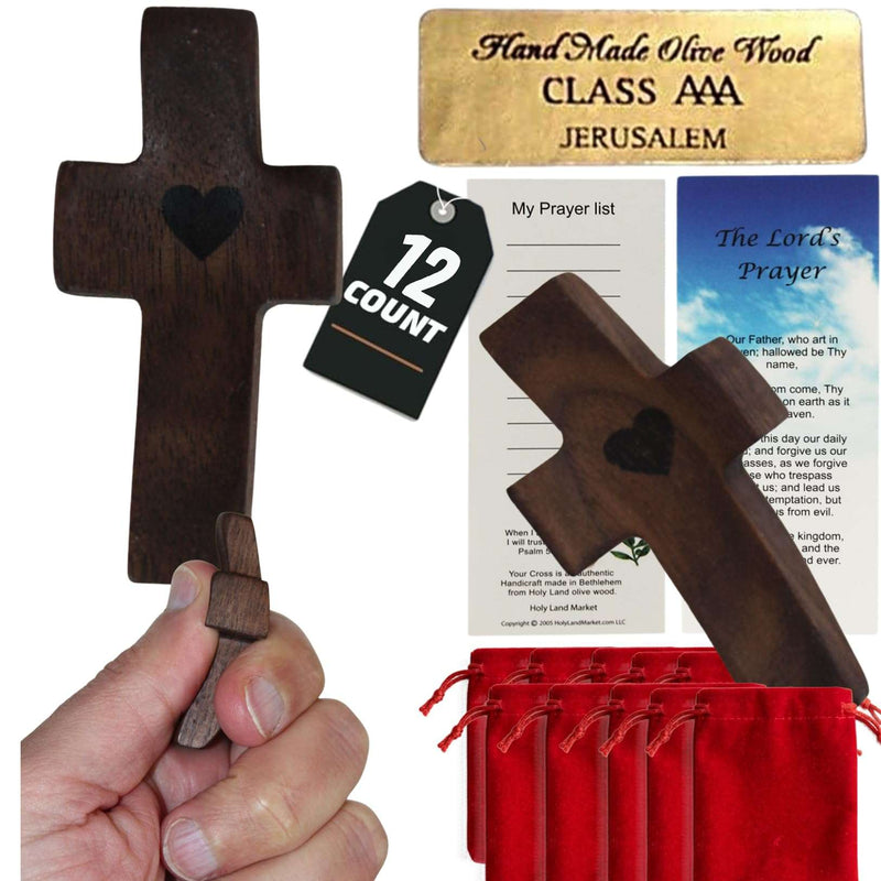Set of 12 Walnut pocket worry crosses from Bethlehem with certificate and velvet pouch