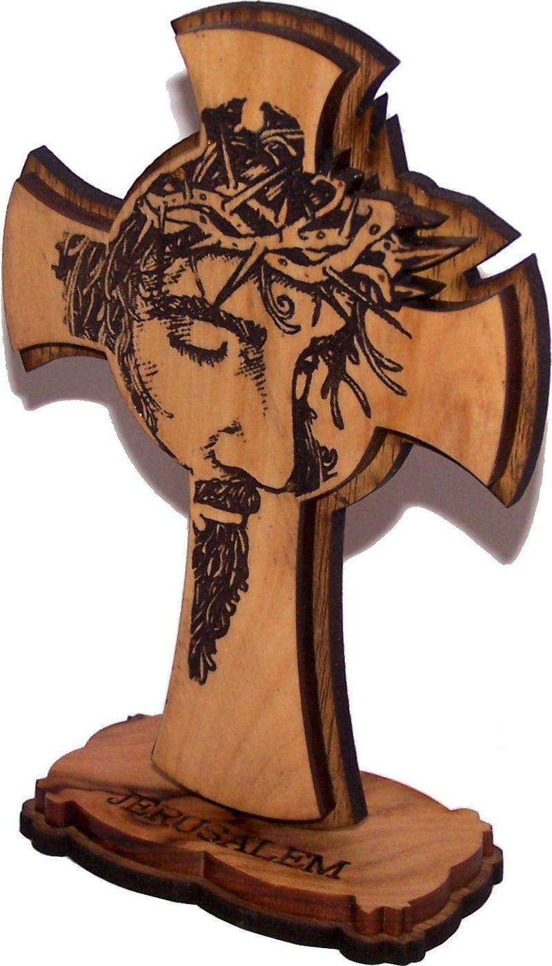 Holy Land Market Agony of Our Lord onthe Cross Layered Olive Wood Cross Carved by Laser - Standing (12 cm or 5 inches) Small/Certificate
