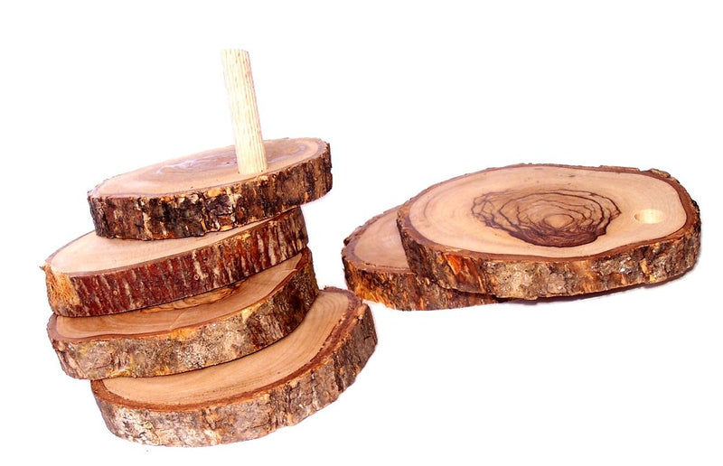 Hand Carved Olive Wood Natural Coaster Set of 5 plus base - Connected (about 3.5 Inches each) - Asfour Outlet Trademark