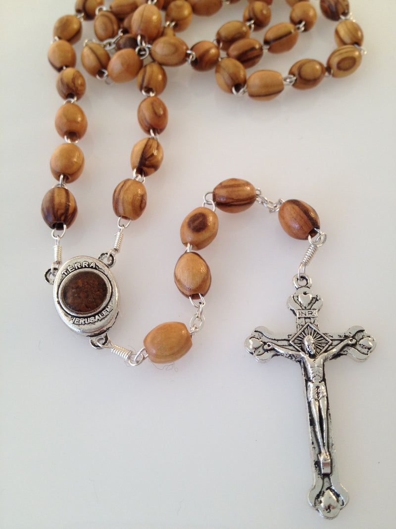 Olive wood Rosary with Holy Land earth - Soil - With Certificate of Authenticity