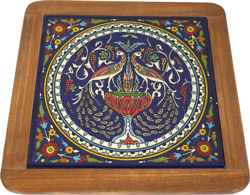 Holy Land Market Extra Large Ceramic Coaster Trivet - Hot Plate - Shades of Blue Flowers ( 25cm or 9.75 Inches )