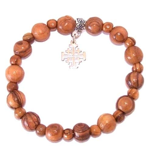 Elastic Olive wood religious bracelet with Silver tone Jerusalem Cross packed as a gift with Certificate