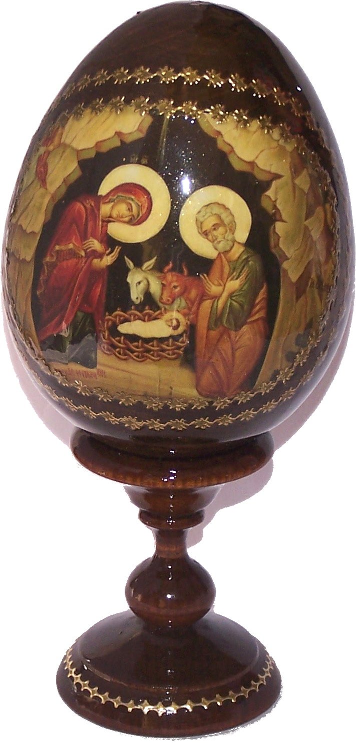Nativity of our Lord Icon with sheets of Gold (Lithography) written on Egg - Made in Russia ( 7 Inches )