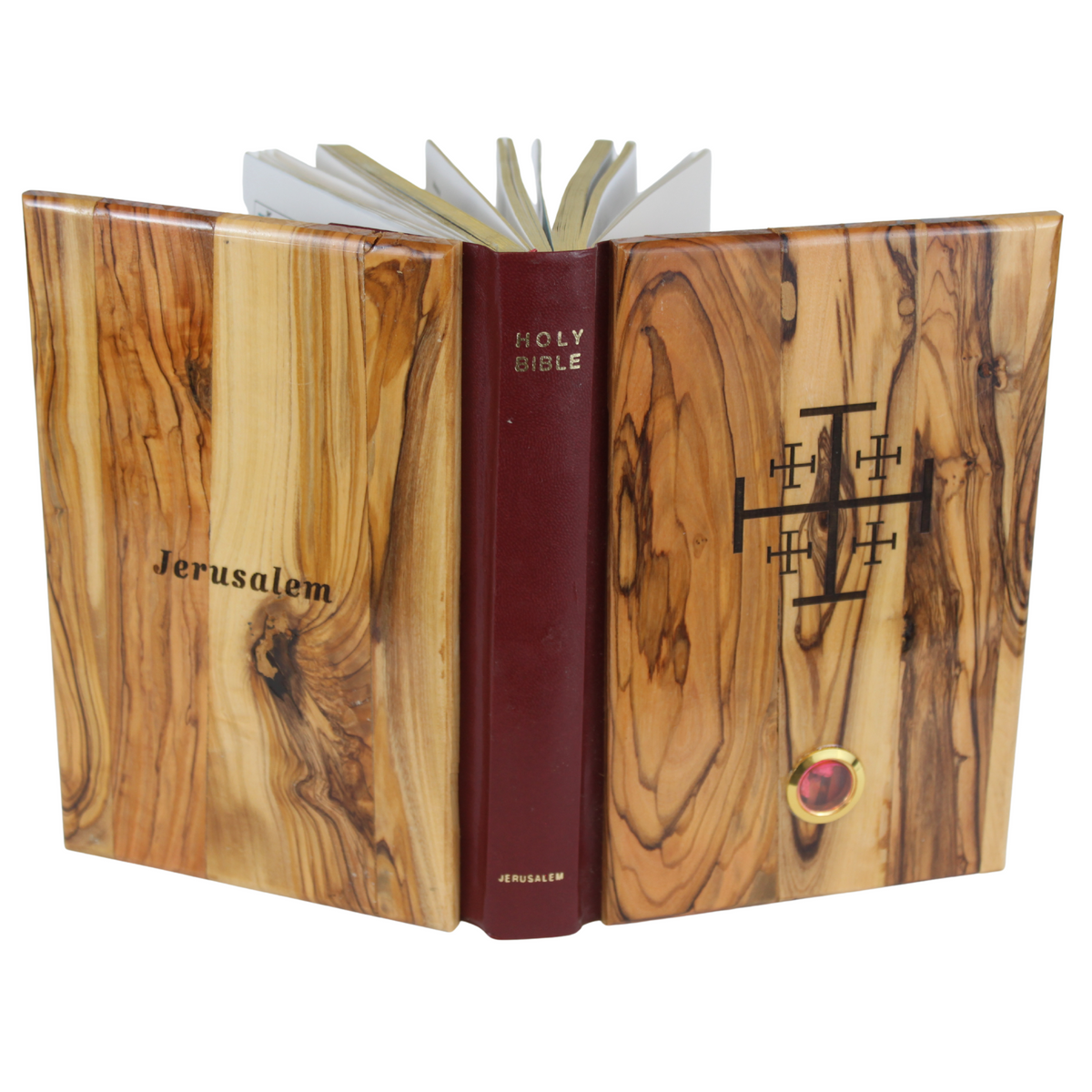 Holy Land Market Olive Wood covered Millennium Bible with 'Jerusalem S
