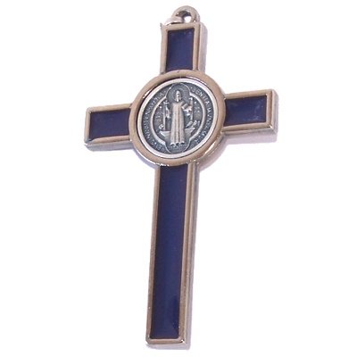 St. Benedict Rosary crucifix with dark blue enamel - Extra Large - Pewter tone grade A (7.5 cm-3 inches)