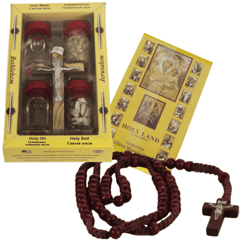 Conjunto de cruz de madera de olivo 5 en 1 del Mercado de la Tierra Santa con 3 botellas - Aceite, agua de Jordania y tierra santa.