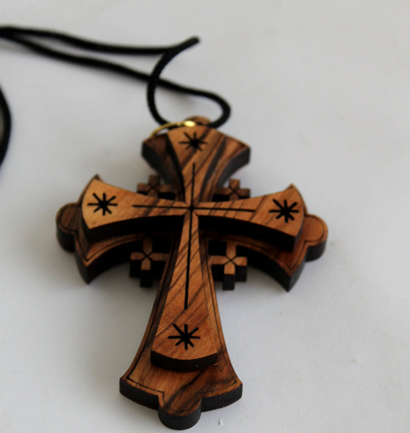 Grade A olive wood Jerusalem Cross necklace ( 3 inches - Cord can be adjusted )