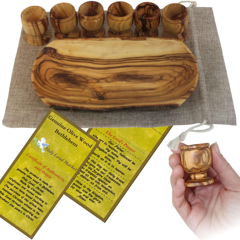 Juego de Comunión de Madera de Olivo del Mercado de Tierra Santa Comida que Sana - Seis Copas y un Plato Grande para Pan