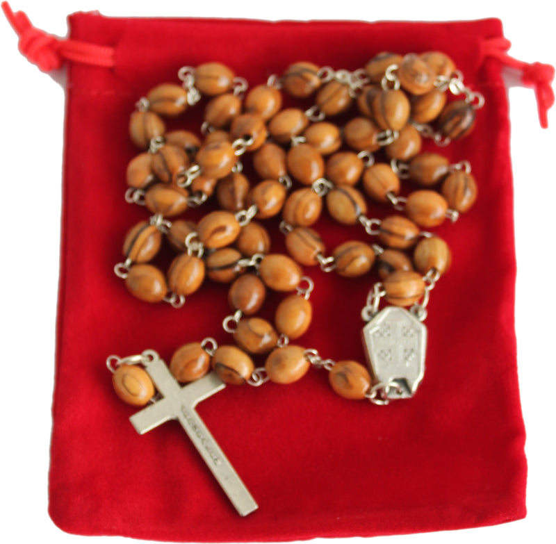 Holy Land Market Olive Wood Hand Made Rosary with Jordan River Water Center and Metal Crucifix